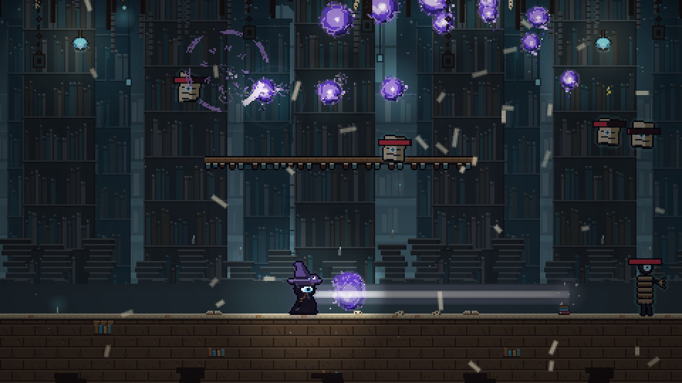 The Mage fires an arcane beam beneath flying pages in the Archive of Stolen Names