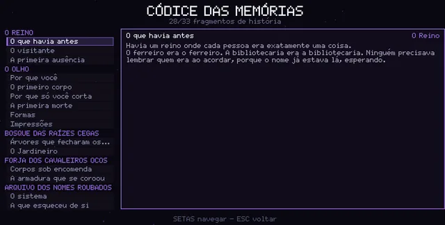 O Códice das Memórias, com os fragmentos de história do jogo