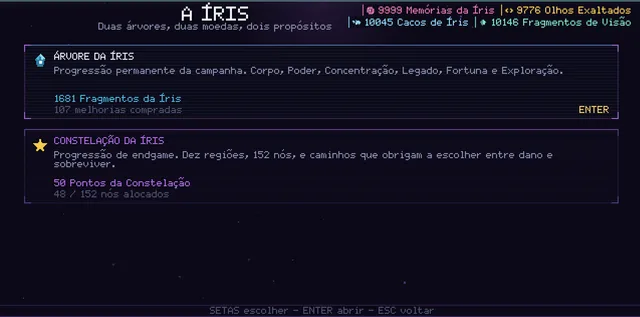 A tela da Íris, com as duas árvores de progressão do jogo