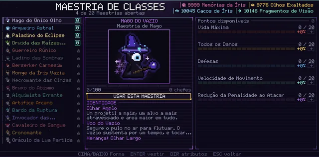 A tela de Maestria de Classes, com a lista de Formas e os atributos da maestria selecionada