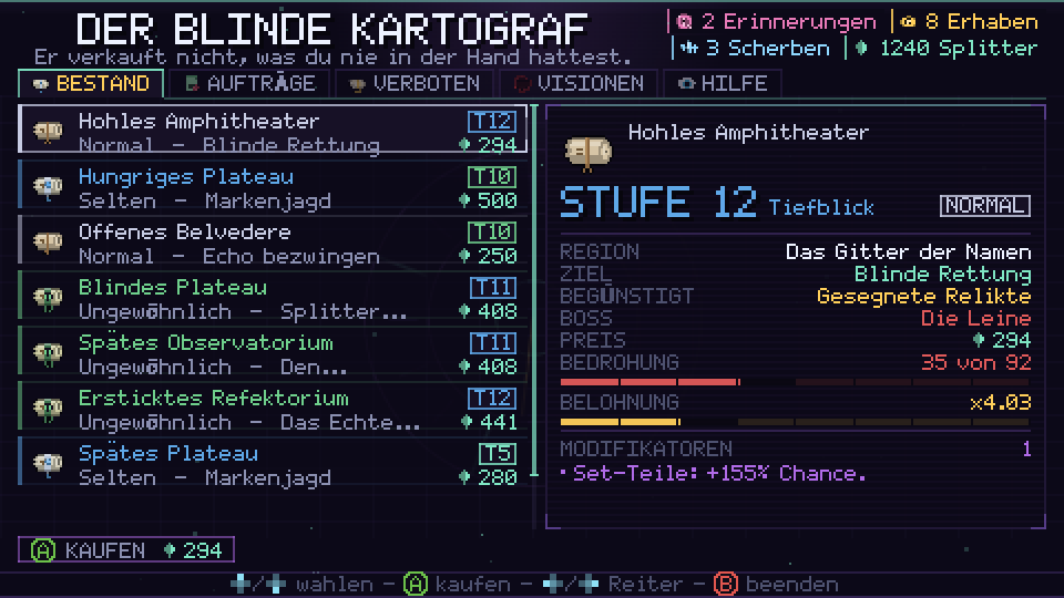 Der Tisch des blinden Kartografen mit Echos zum Verkauf samt Stufe, Ziel, Boss und Bedrohung