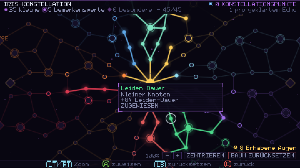 Bildschirm der Iris-Konstellation mit Pfaden, die in mehreren Farben leuchten