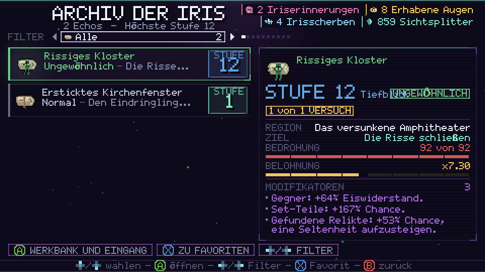 Das Archiv der Iris mit gelagerten Echos samt Stufe, Region, Ziel und Modifikatoren