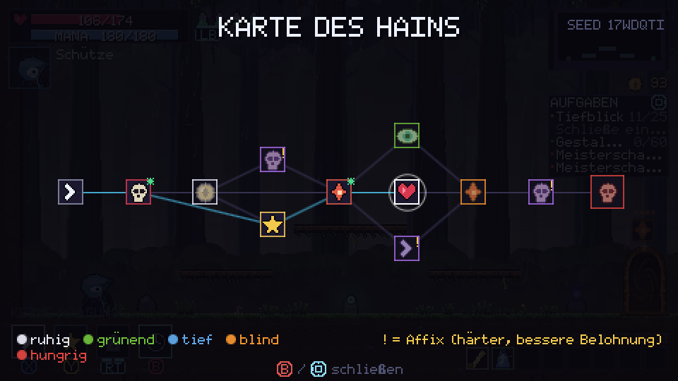 Die Karte des Hains während eines Laufs, mit den Räumen und Wegen bis zum Boss