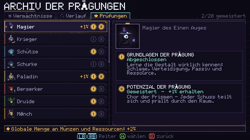 Der Reiter Prüfungen im Archiv der Prägungen, mit Prüfung I und Prüfung II für jede Gestalt