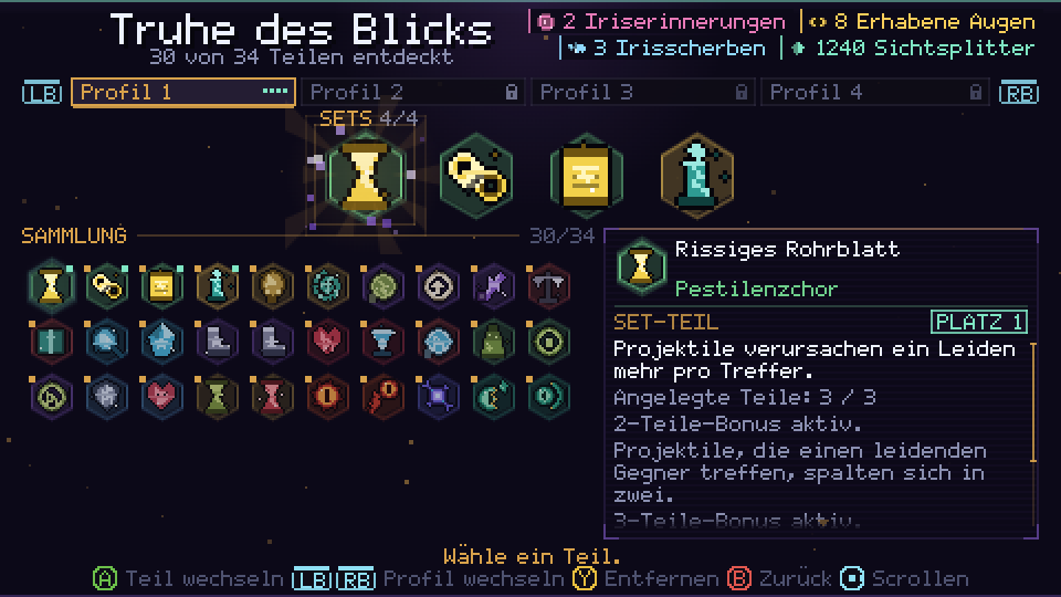 Die Truhe des Blicks mit vier ausgerüsteten Set-Teilen und der Sammlung darunter
