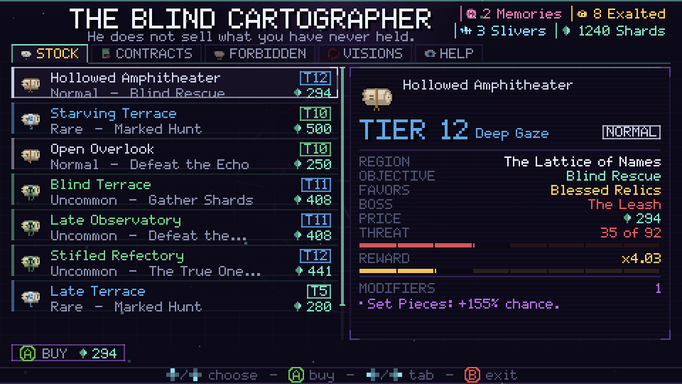 The Blind Cartographer's table, with Echoes for sale showing Tier, objective, boss and Threat