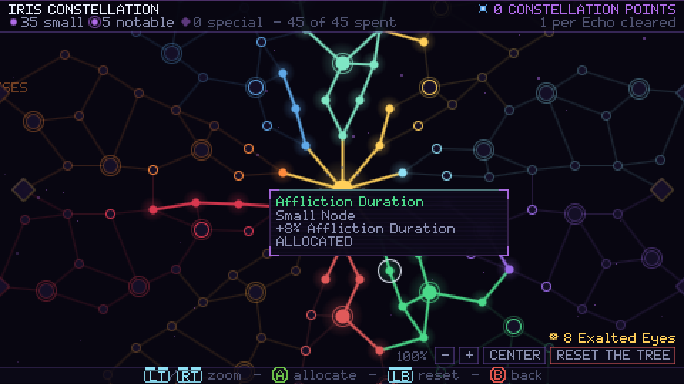 The Iris Constellation screen, with paths lit up in several colours