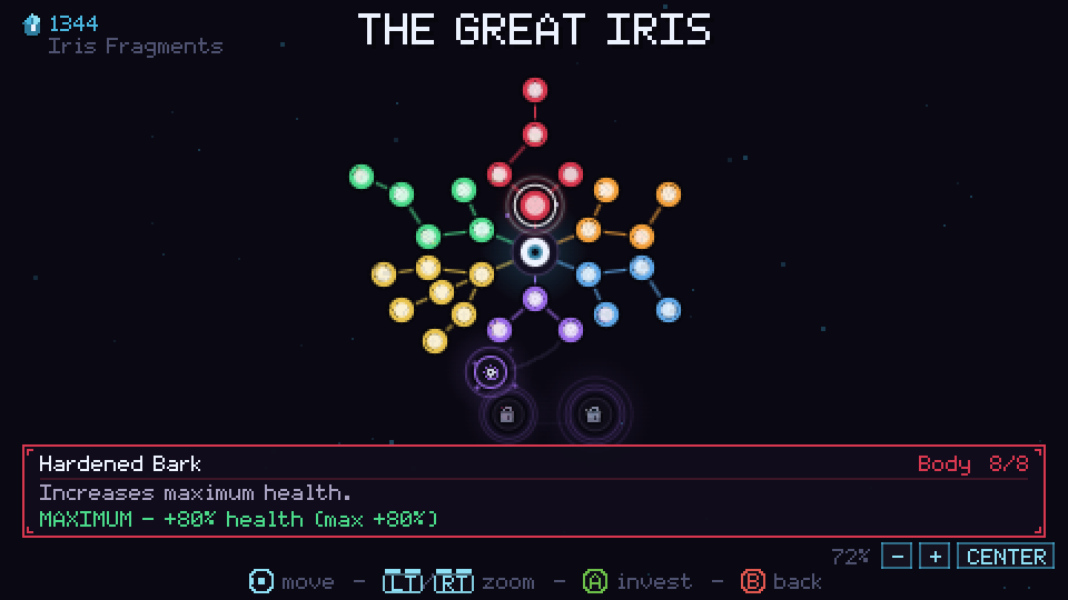 The Great Iris screen, with upgrade nodes around the central eye