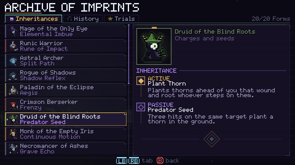 The Archive of Imprints, with the Druid of the Blind Roots' Inheritance selected