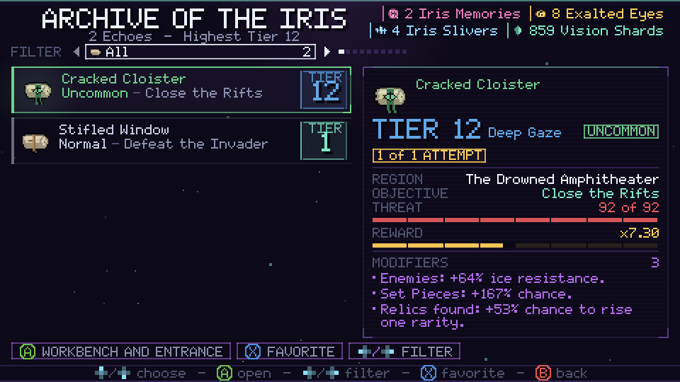 The Archive of the Iris, with stored Echoes and each one's Tier, region, objective and modifiers
