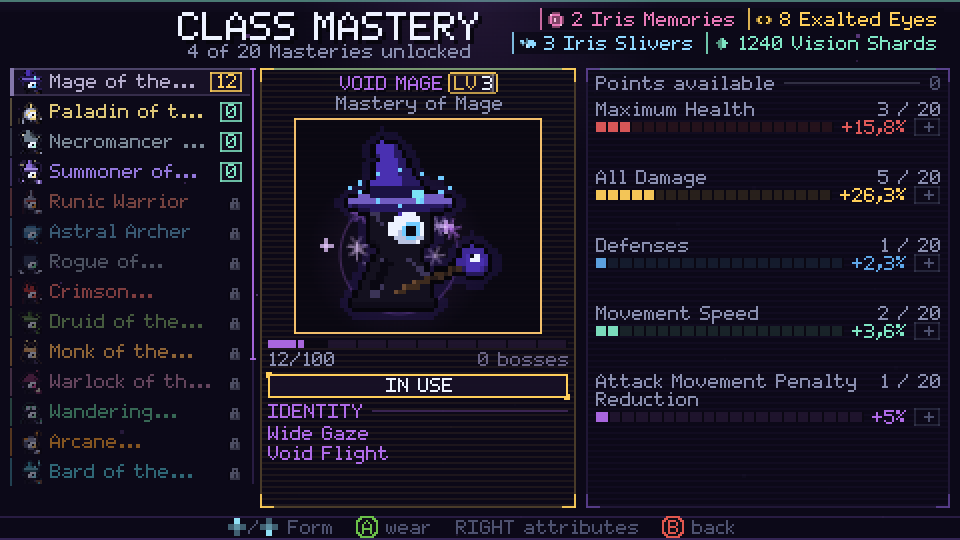 The Class Mastery screen with the Void Mage and points invested