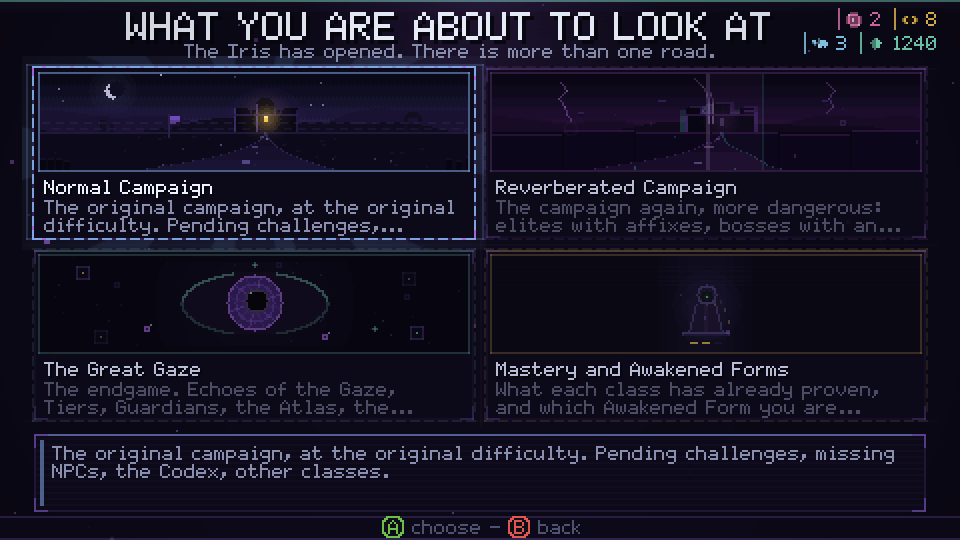The four paths screen: Campaign, Reverberated Campaign, The Great Gaze and Masteries