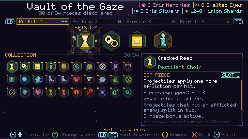 The Vault of the Gaze, with four Set Pieces equipped and the collection below