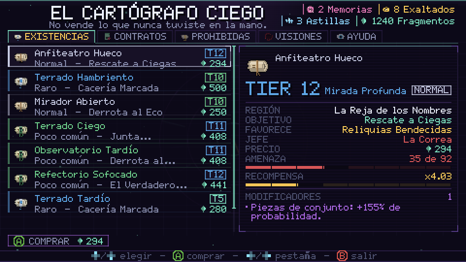 Mesa del Cartógrafo Ciego, con Ecos a la venta y su Tier, objetivo, jefe y Amenaza