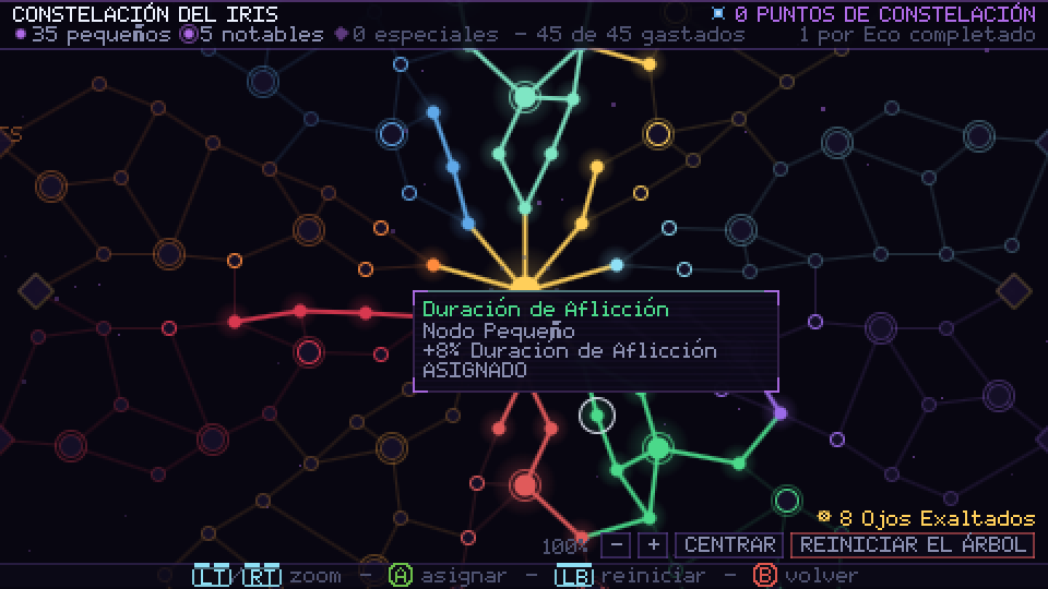 Pantalla de la Constelación del Iris, con caminos encendidos de varios colores