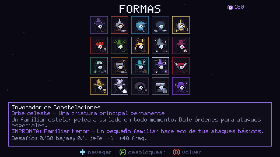 Galería de Formas, con los retratos de las veinte Formas y la descripción del Invocador de Constelaciones