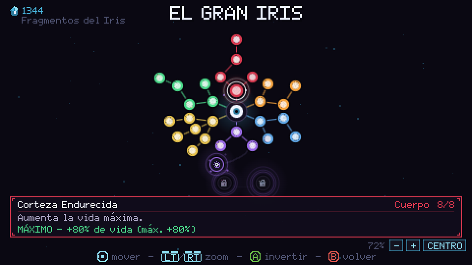 Pantalla del Gran Iris, con nodos de mejora alrededor del ojo central