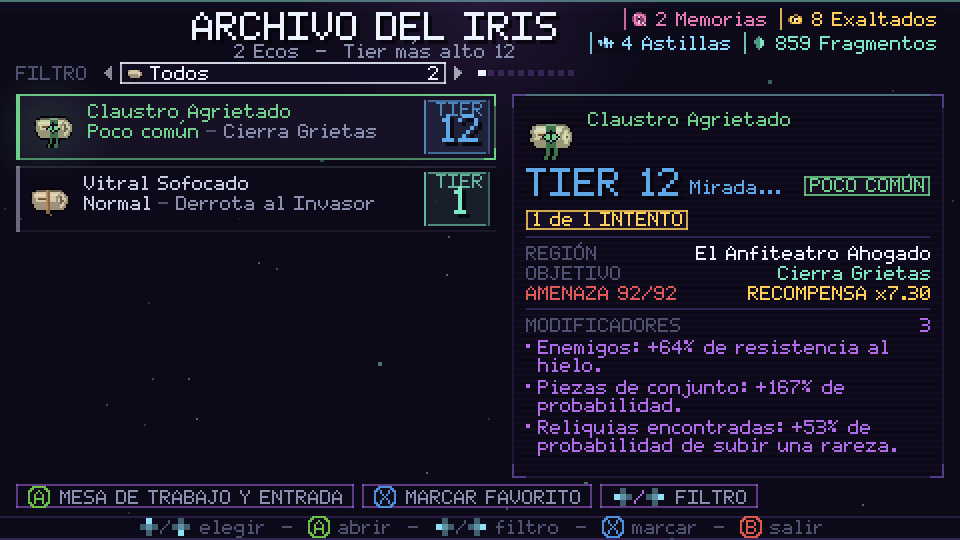 Archivo del Iris, con los Ecos guardados y el Tier, la región, el objetivo y los modificadores de cada uno