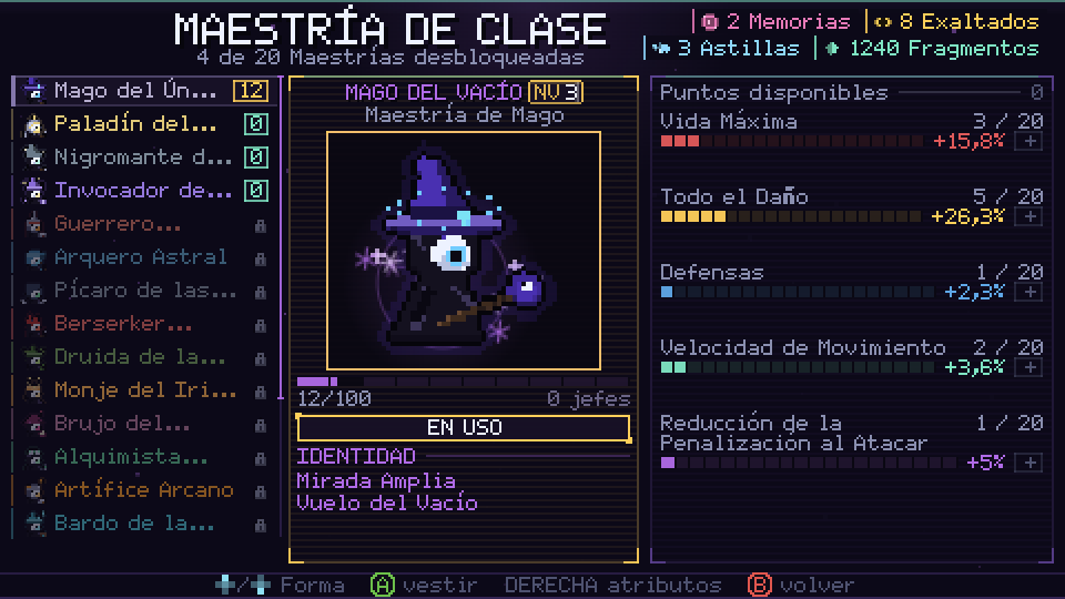 Pantalla de Maestría de Clase con el Mago del Vacío y puntos invertidos