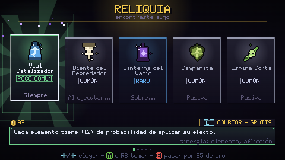 Elección de reliquia con cinco opciones de distintas rarezas