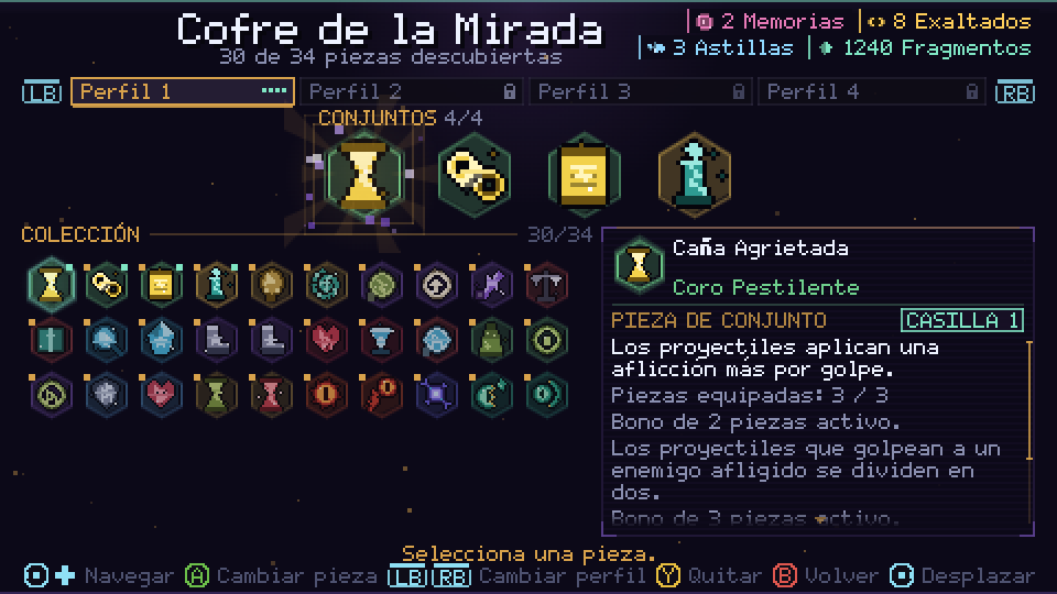 Cofre de la Mirada, con cuatro Piezas de Conjunto equipadas y la colección debajo