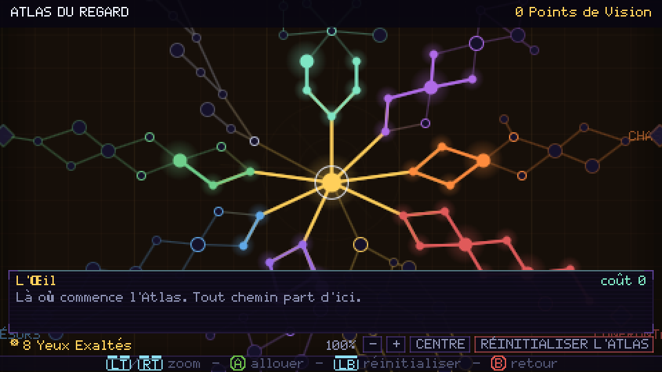 Écran de l'Atlas du Regard, avec des branches colorées partant du centre