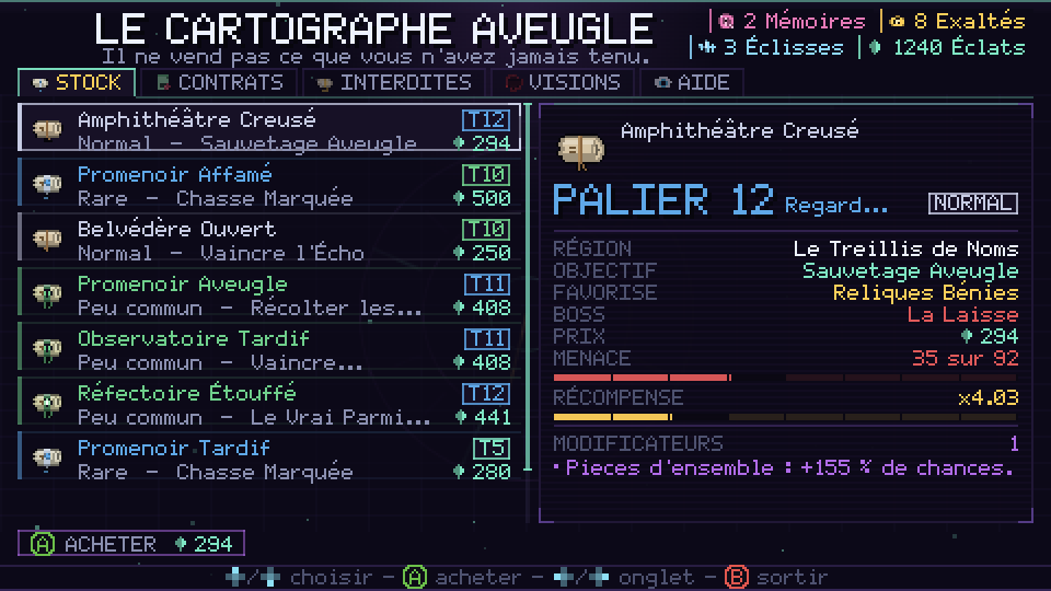La table du Cartographe Aveugle, avec des Échos à vendre et leur Palier, objectif, boss et Menace