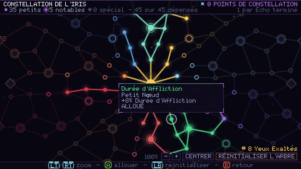 Écran de la Constellation de l'Iris, avec des chemins allumés de plusieurs couleurs