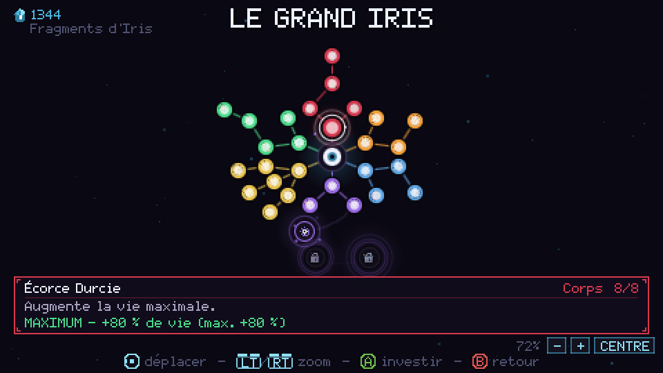 Écran du Grand Iris, avec des nœuds d'amélioration autour de l'œil central