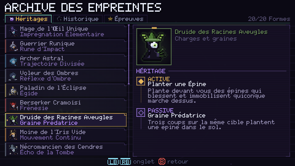 L'Archive des Empreintes, avec l'Héritage du Druide des Racines Aveugles sélectionné