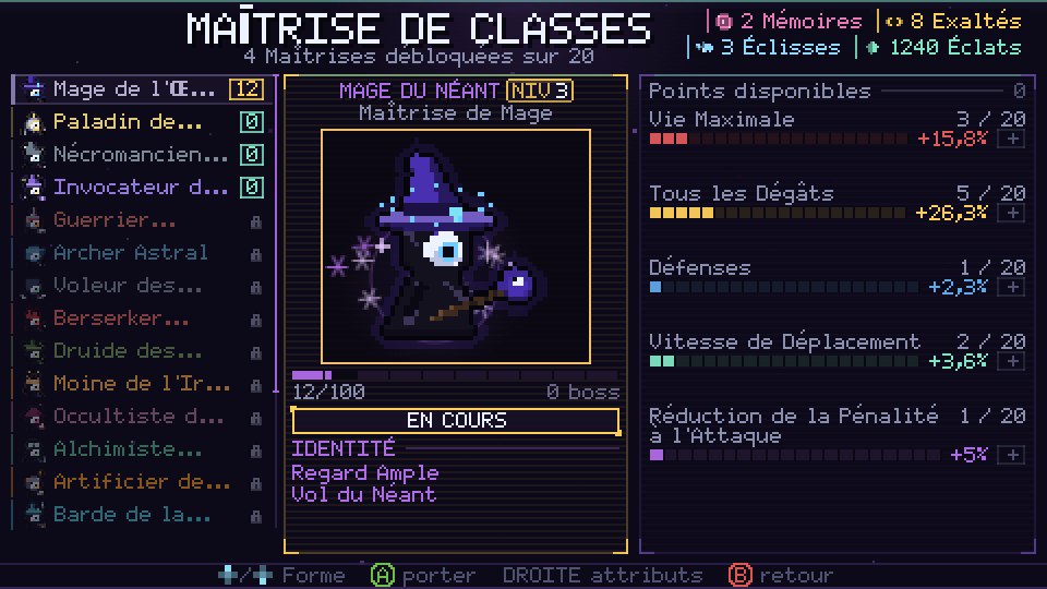 Écran de Maîtrise de classes avec le Mage du Néant et des points investis