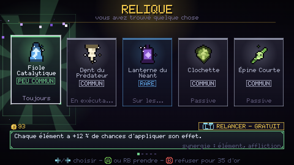 Choix de relique avec cinq options de raretés différentes