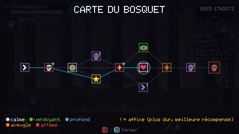 La carte du Bosquet en pleine tentative, avec les salles et les chemins jusqu'au boss