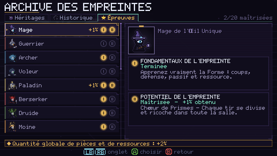 L'onglet Épreuves de l'Archive des Empreintes, avec l'Épreuve I et l'Épreuve II de chaque Forme