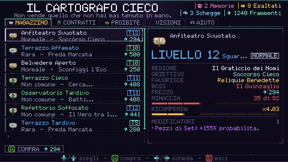 Il tavolo del Cartografo Cieco, con Echi in vendita e il loro Livello, obiettivo, boss e Minaccia