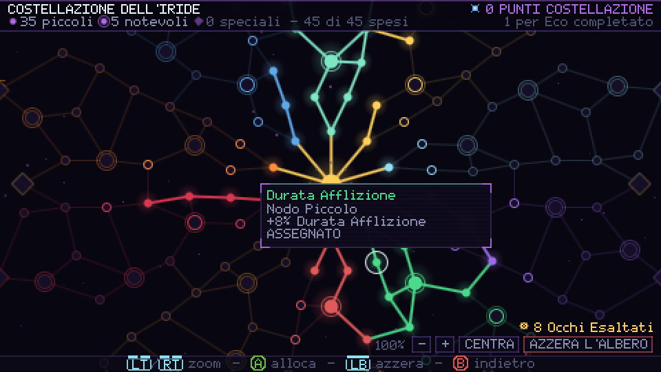 Schermata della Costellazione dell'Iride, con percorsi accesi di vari colori