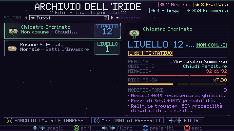 L'Archivio dell'Iride, con gli Echi conservati e Livello, regione, obiettivo e modificatori di ciascuno