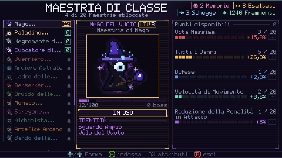 Schermata della Maestria di classe con il Mago del Vuoto e punti investiti