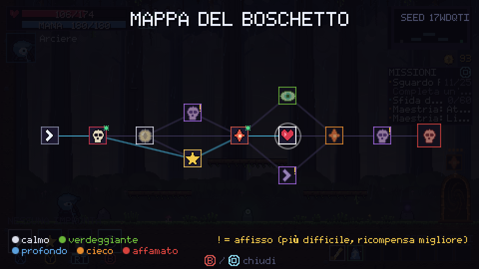 La mappa del Boschetto durante un tentativo, con le stanze e i percorsi fino al boss
