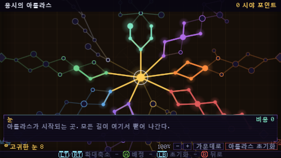 응시의 아틀라스 화면, 중앙에서 뻗어 나가는 색색의 가지