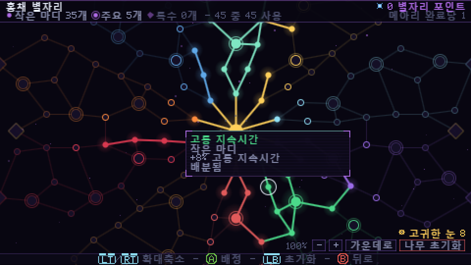 홍채 별자리 화면, 여러 색으로 빛나는 경로