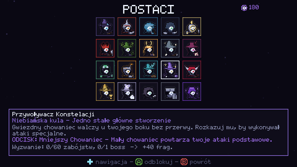 Galeria Postaci z portretami wszystkich dwudziestu Postaci i opisem Przywoływacza Konstelacji