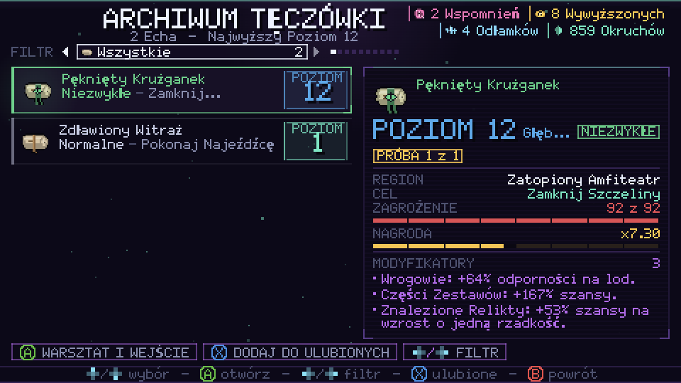 Archiwum Tęczówki z przechowanymi Echami oraz Poziomem, regionem, celem i modyfikatorami każdego z nich
