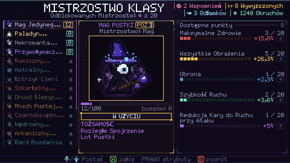 Ekran Mistrzostwa Klasy z Magiem Pustki i rozdanymi punktami