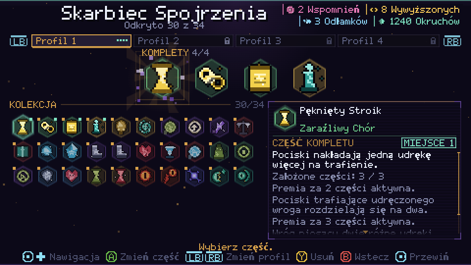 Skarbiec Spojrzenia z czterema założonymi Częściami Kompletu i kolekcją poniżej