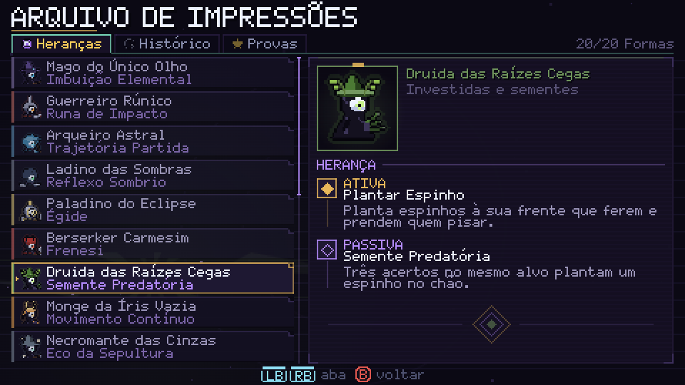 Arquivo de Impressões, com a Herança do Druida das Raízes Cegas selecionada