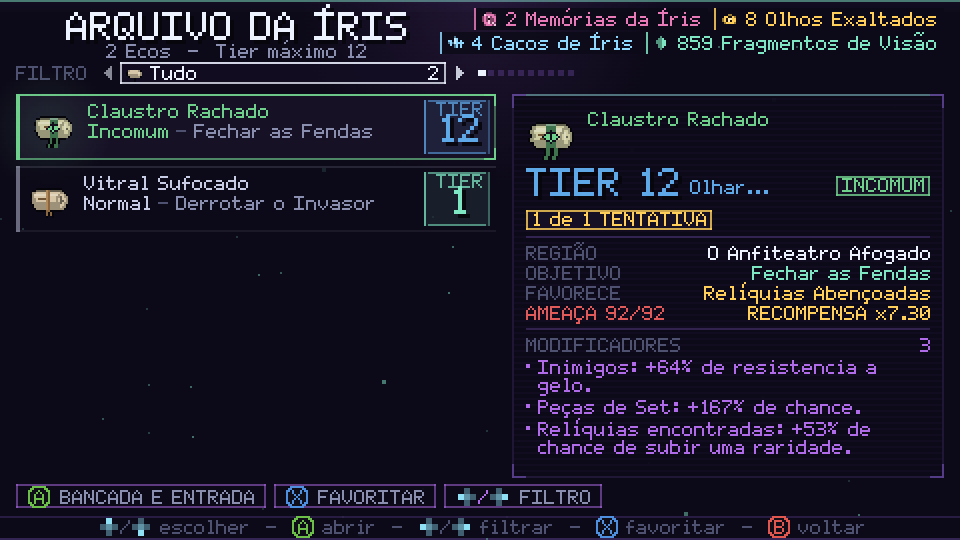 Arquivo da Íris, com os Ecos guardados e o Tier, a região, o objetivo e os modificadores de cada um