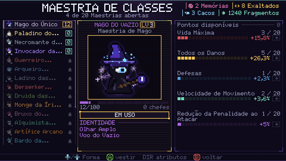 Tela de Maestria de Classes com o Mago do Vazio e pontos investidos