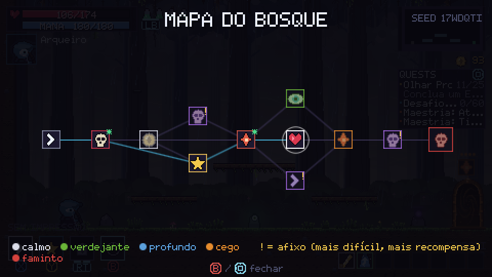 Mapa do Bosque no meio de uma tentativa, com as salas e os caminhos até o chefe
